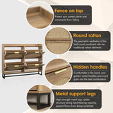 Maupvit Large Rattan Shoe Storage Cabinet with 4 Flip Drawers, Freestanding Shoe Organizer with Metal Legs for Entryway, Hidden Golden Handles, Narrow Shoe Rack Cabinet, Rustic Oak Rattan Maupvit