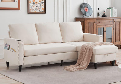 POYISOU Sectional Couches for Living Room, L Shaped Couch with Storage Ottoman, Small Sofa Comfy Couch with 2 Cup Holders, Modern 3 Seater Convertible Sofas for Apartment, Office, Beige