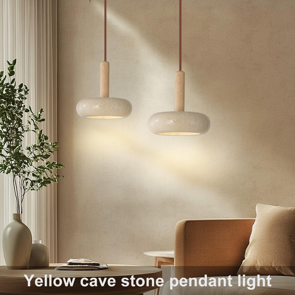 JIANTLAIUS 2PCS Japanese Wabi-sabi Style Pendant Light Round Natural Stone Shade Nordic Wood Chandelier Bedroom Bedside Light 12W for Living Dining Room Table Ceiling Hanging Lamp JIANTLAIUS