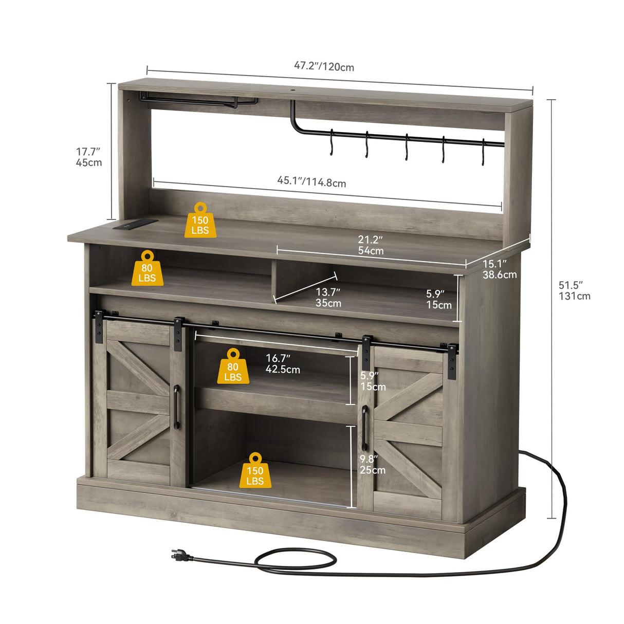 DWVO Farmhouse Buffet Cabinets, 47" Coffee Bar with Goblet Holder & Power Outlet, Sliding Barn Door Sideboard Cabinet for Kitchen & Living Room Storage (Rustic Grey Oak) DWVO
