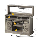 DWVO Farmhouse Buffet Cabinets, 47" Coffee Bar with Goblet Holder & Power Outlet, Sliding Barn Door Sideboard Cabinet for Kitchen & Living Room Storage (Rustic Grey Oak) DWVO