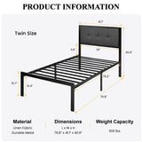 SHA CERLIN Twin Size Platform Bed Frame with Upholstered Headboard, Metal Slats Support, Button Tufted Square Stitched Headboard, Noise Free, No Box Spring Needed, Easy Assembly, Dark Grey SHA CERLIN