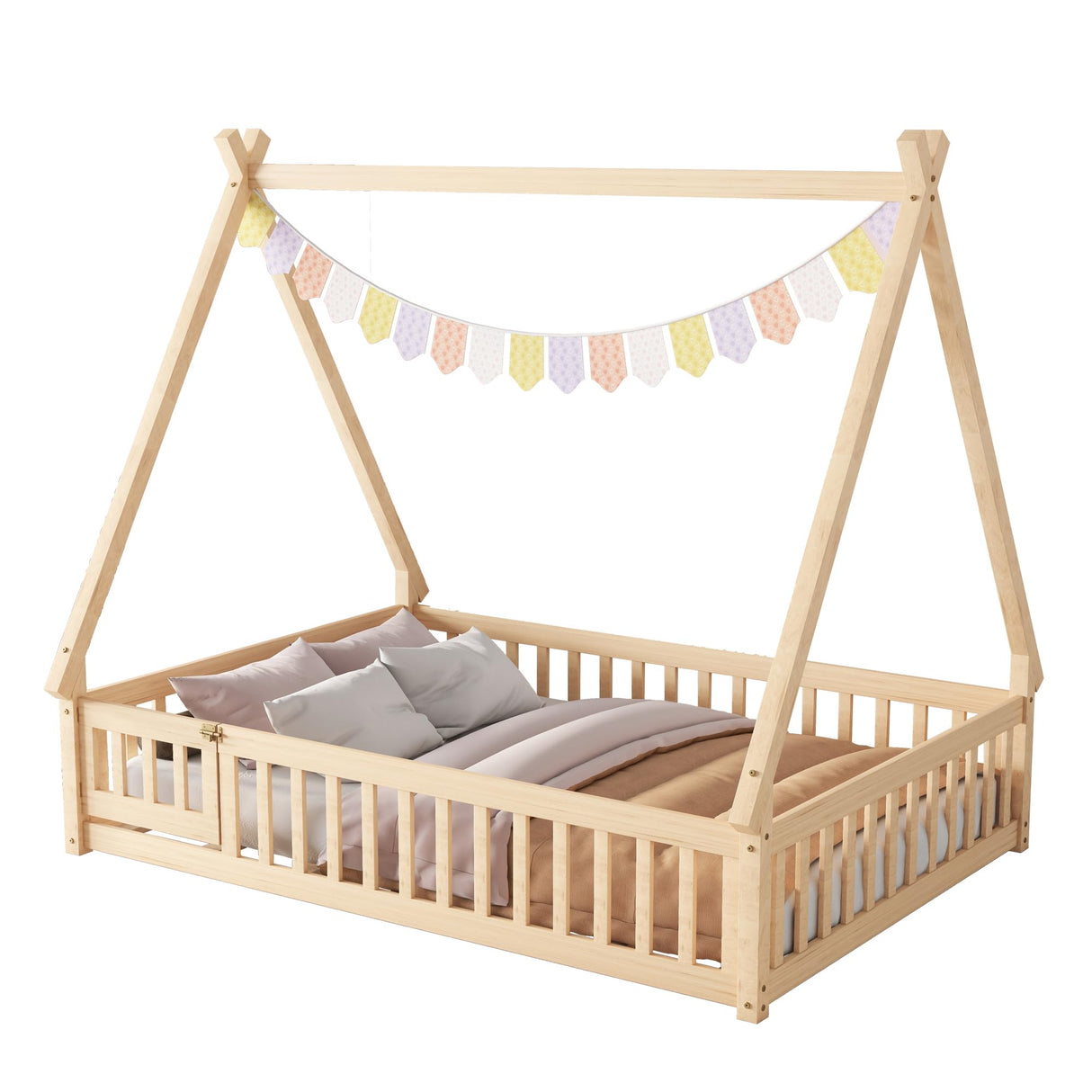 Mirightone Full Size Montessori Tent Floor Bed with Slats and Guardrails in Natural Wood Mirightone