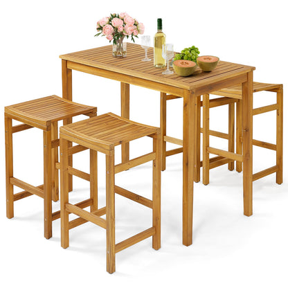 HAPPYGRILL Acacia Wood 5-Piece Outdoor Bar Set with Table and Saddle Stools