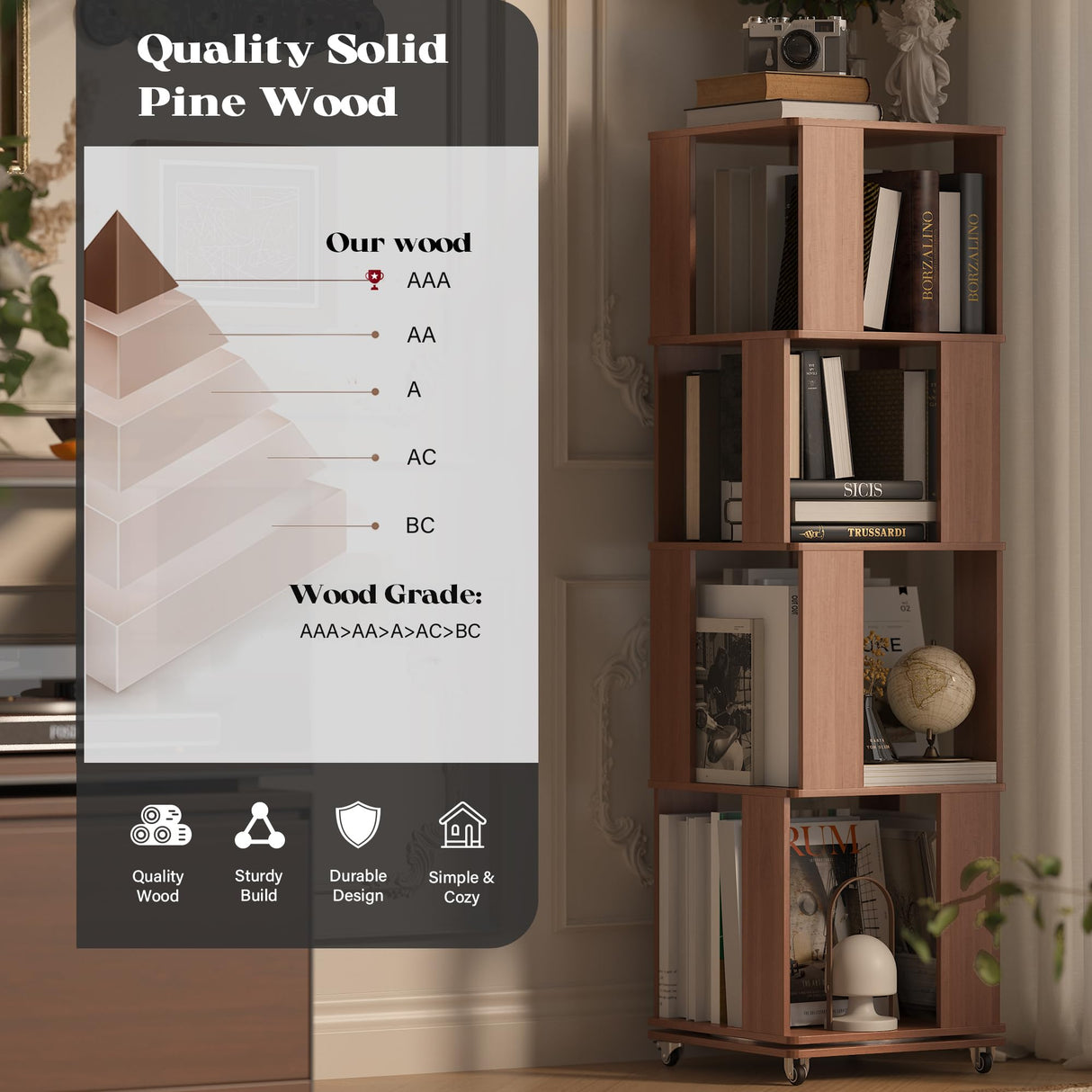 4 Tier Solid Wood Rotating Bookshelf Tower on Wheels, 360° Upgrade Spinning Book Shelf, Revolving Bookcase Organizer, Swivel Bookshelves for Small Spaces, Corner, Bedroom, Kids Room, Office (Walnut) Easyego