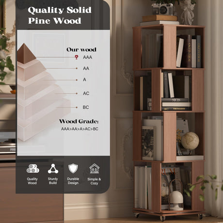 4 Tier Solid Wood Rotating Bookshelf Tower on Wheels, 360° Upgrade Spinning Book Shelf, Revolving Bookcase Organizer, Swivel Bookshelves for Small Spaces, Corner, Bedroom, Kids Room, Office (Walnut) Easyego