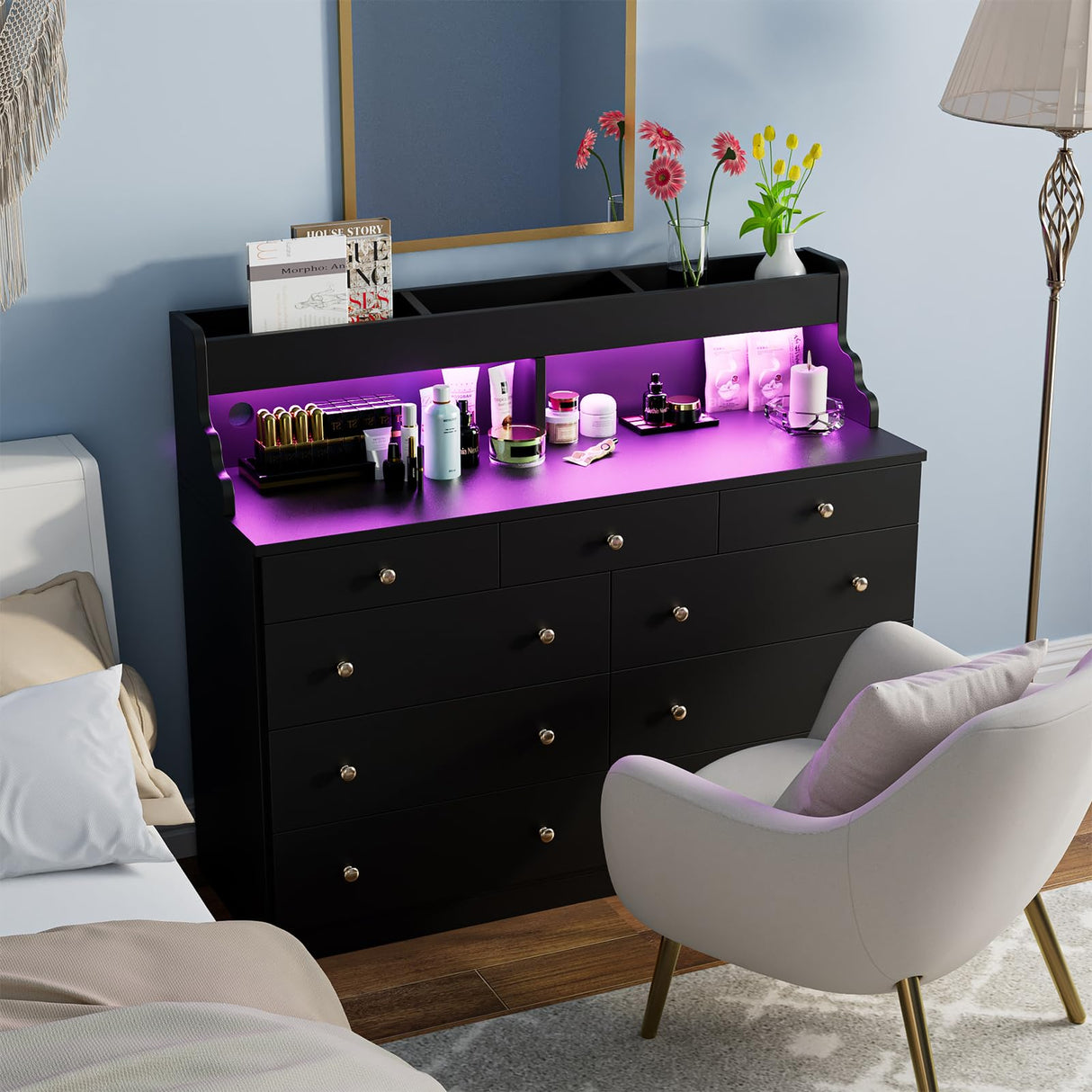 Yeyawomy 9 Drawers Dresser with LED Light, Dresser for Bedroom with Power Outlet, Modern Chest of Drawers, Storage Dresser with Open Storage Space, Dressers & Chests of Drawers for Closet (Black) Yeyawomy