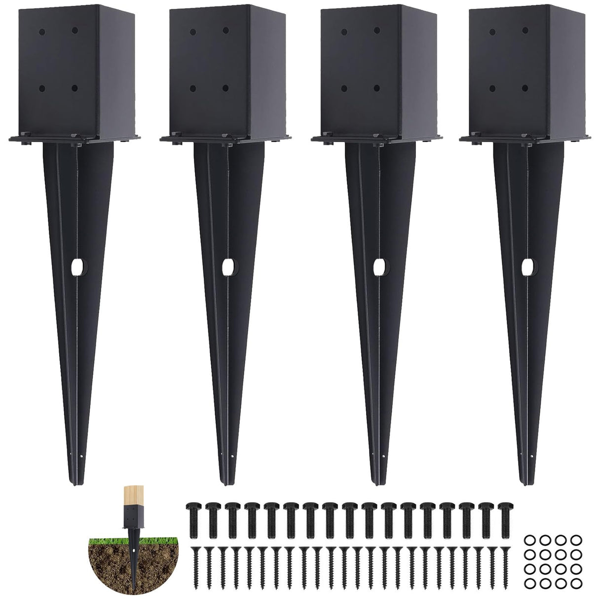 4 Pcs 4"x4" Fence Post Anchor,（Inner Size 3.6"x3.6"） Heavy Duty Fence Post Anchor Ground Spike 22" with Black Powder-Coated Outdoor Support Deck,Fence,Porch,Railing,Mailbox.. XIHUWZ