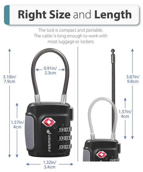 Fosmon TSA Approved Cable Locks for Luggage, Suitcase, Gun Case Lock with Push Release Button, 3 Digit Long Shackle Combination Wire Lock for Backpack Fosmon