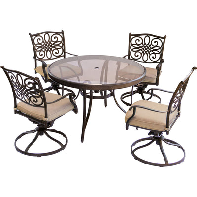 Hanover Traditions 5-Piece Outdoor Dining Set for 4 with 47" Glass-Top Aluminum Table and 4 Swivel Rockers with Thick Foam Cushions, All-Weather Patio Dining Set