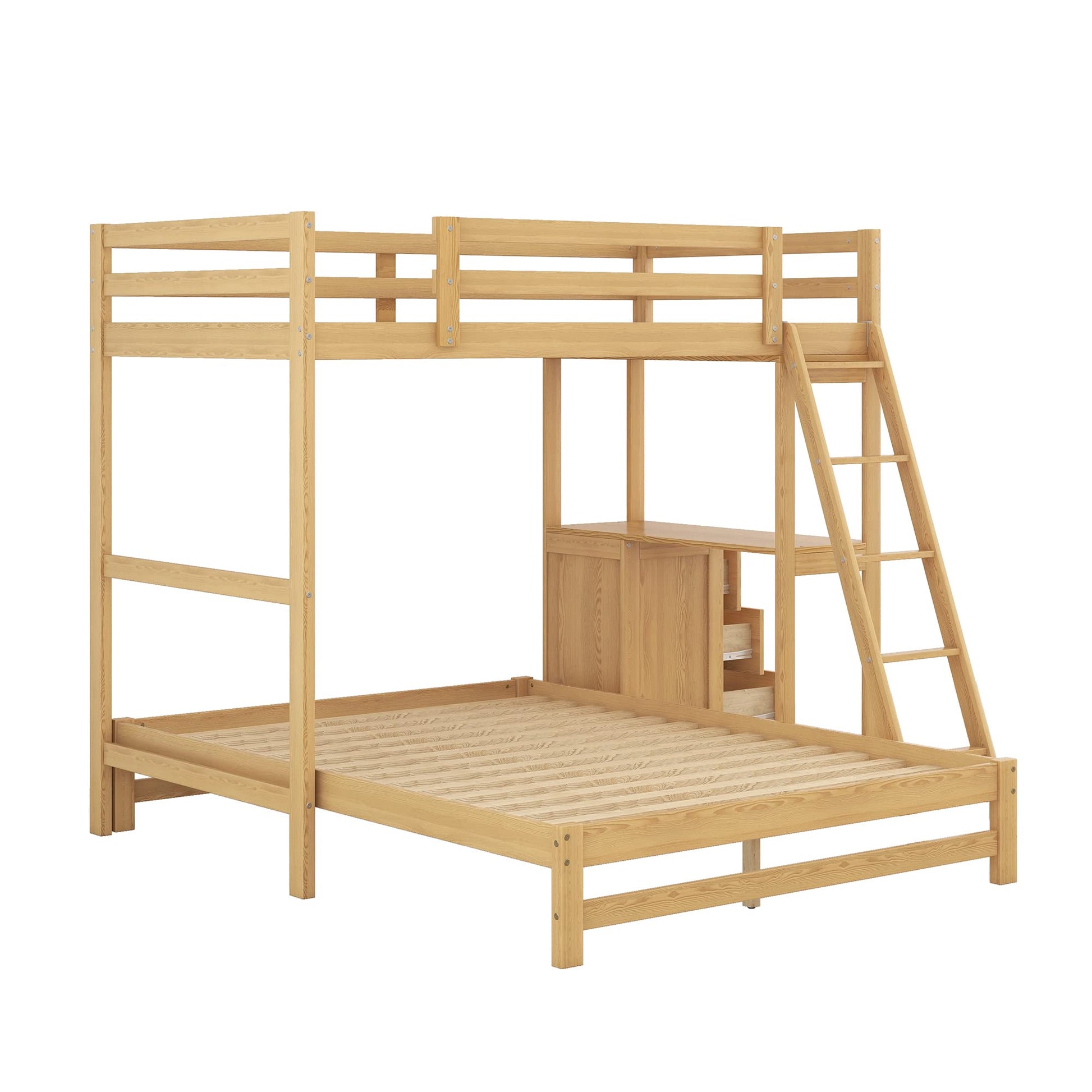 VilroCaz Twin Over Full Bunk Bed with Built-in Desk and Nightstand in Natural Finish - WoodArtSupply