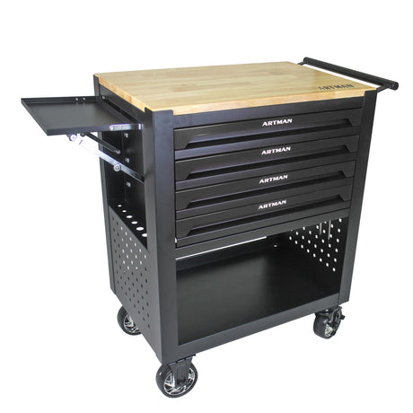 36" Tool Box with Wheels 4 Drawers Rolling Tool Cart, Wooden Top Workbench, 660lbs Total load Tool Cabinet with Locked Drawers Storage Organizer Cabinet for Garage, Warehouse, Repair Shop - Black pouseayar