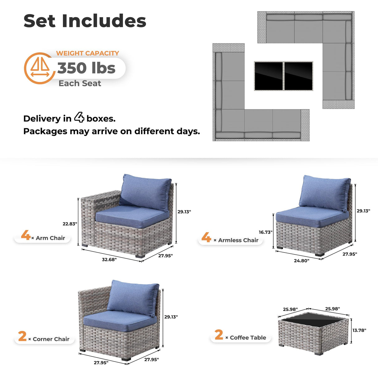ovios 12 Pieces Patio Furniture Set, Outdoor Wicker Sectional Sofa with Glass Table Comfy Cushions, Modern Modular Deep Seat Couch Rattan Conversation Set, Denim Blue ovios