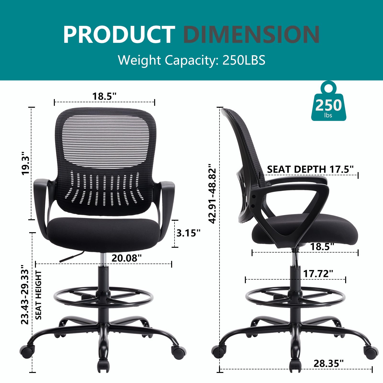 JHK Drafting Chair Standing Desk Chair Tall Office Chair for Standing Desk, Tall Desk Chair Counter Height Adjustable Office Chairs with Comfortable Armrests - WoodArtSupply