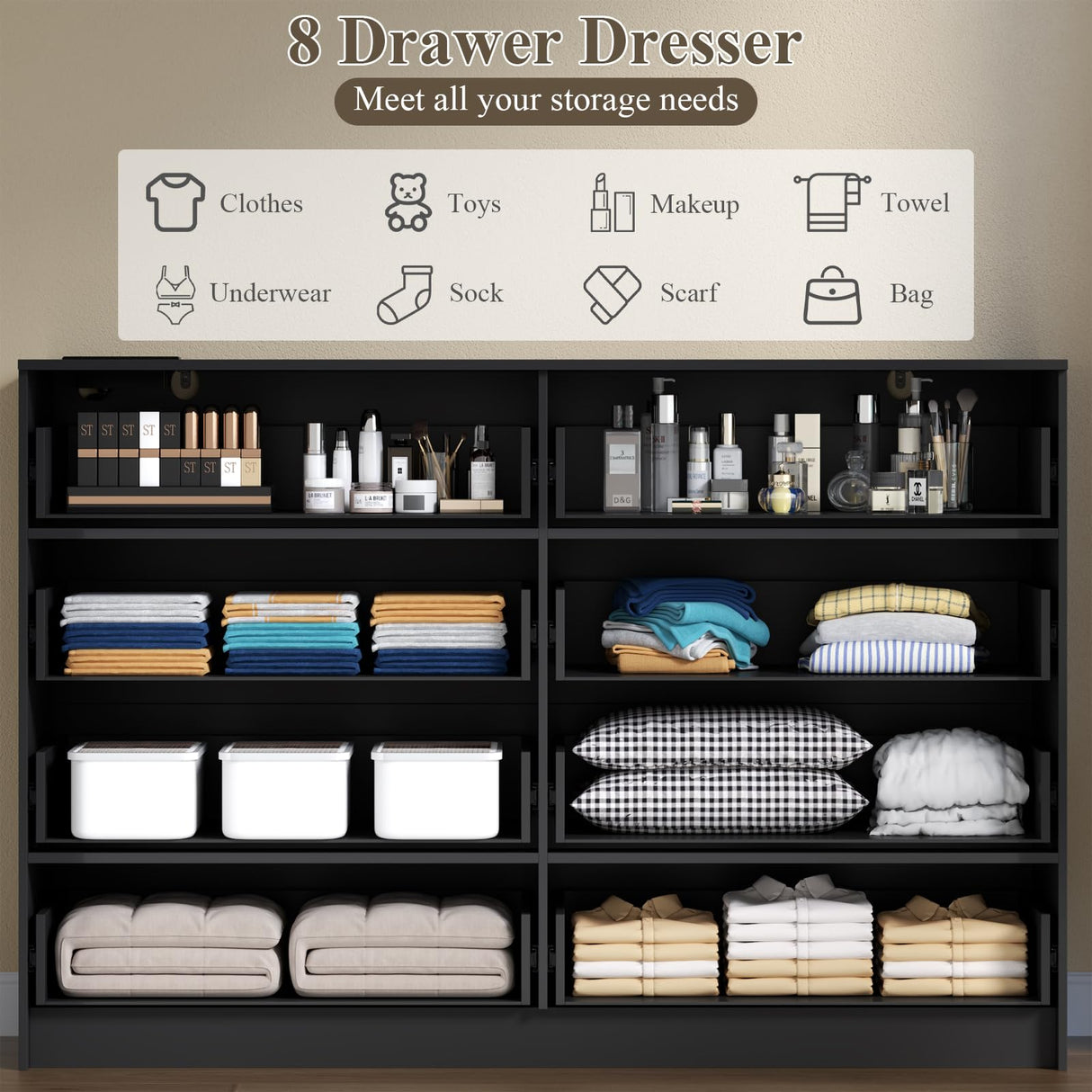 8 Drawers Dresser with Charging Station, White Dresser for Bedroom with LED Lights, Modern Chest of Drawers for Closet, Double Wide Dresser Organizer for Bedroom, Living Room, Entryway (Black) Gyfimoie