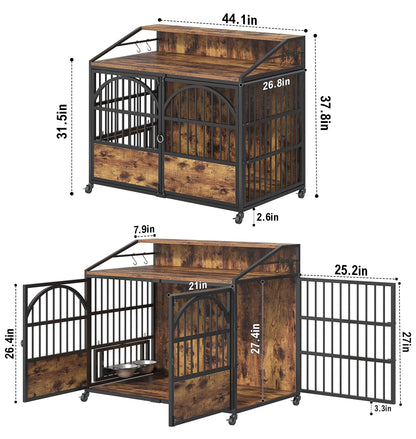 44 Inch Heavy Duty Dog Crate Furniture with 3 Doors, Dog Kennel with 360° Stainless Steel Bowls, Lockable Wheels, Wood Dog Cage End Table with Led Light, Pet Crate Dog Cage for Large/Medium/Small Dogs