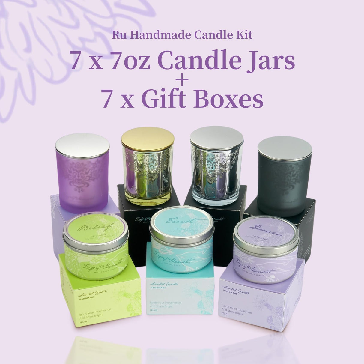 RU HANDMADE Candle Making Kit for Adults Beginner with Engraved 4x7oz Glass Jars&3 Tins, Candle Kit, 7 Pleasant Scents, Complete DIY Supplies Set with Soy Wax, Color Dye, Wick, Perfect for Home Craft RU HANDMADE