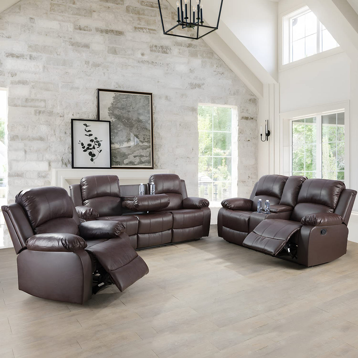 Ocstta Manual Leather Recliner Sofa Set for Living Room Furniture Set,Leather Recliner Couch Set for Home/Office,Leather Reclining Sofa Set for 3-Pieces(Sofa+Loveseat+Chair) Brown Ocstta