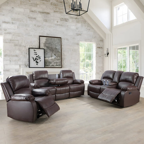 Ocstta Manual Leather Recliner Sofa Set for Living Room Furniture Set,Leather Recliner Couch Set for Home/Office,Leather Reclining Sofa Set for 3-Pieces(Sofa+Loveseat+Chair) Brown Ocstta
