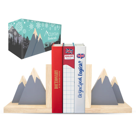 Decorably Gray Mountain Book Ends for Kids - 1 Set Non-Skid Wooden Bookends for Boys, Toddler Book Ends Decorably