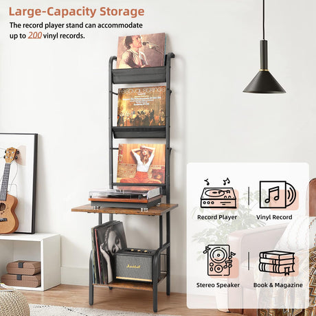 Record Player Stand with Vinyl Storage, Record Player Table with Vinyl Record Storage up to 200 Albums, Turntable Stand with Record Holder Vinyl Display Shelf, Record Player Cabinet Organizer Rack Tewinko