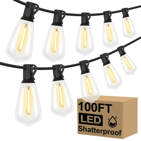 Brightever LED Outdoor String Lights 100FT Patio Lights with 52 Shatterproof ST38 Vintage Edison Bulbs, Outside Hanging Light Waterproof for Porch, Deck, Garden, Backyard, Balcony, Dimmable 2700K Brightever