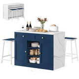 YITAHOME 3 Piece Kitchen Island Set with 2 Chairs, Large Kitchen Island with Seating and Storage, Dining Counter Table with Power Outlet, Drawers, Spice/Towel Rack, White Marble Finish, Navy Blue YITAHOME