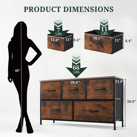 5-Drawer Dresser for Bedroom, Anti-Tip Wide Storage Organizer Fabric Chest of Drawers TV Stand for 45" TV with Wooden Top and Metal Frame for Closet, Living Room, Hallway, Entryway, Brown SageNest
