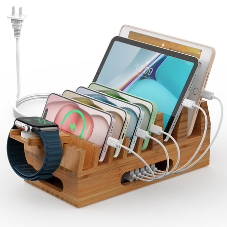 Pezin & Hulin Bamboo Charging Station Holder with 5 Port USB Charger, 5 x Charge Cables, Watch Stand, Wood Docking Stand Electronic Organizer for Multiple Devices, Phones, Tablets and More Pezin & Hulin