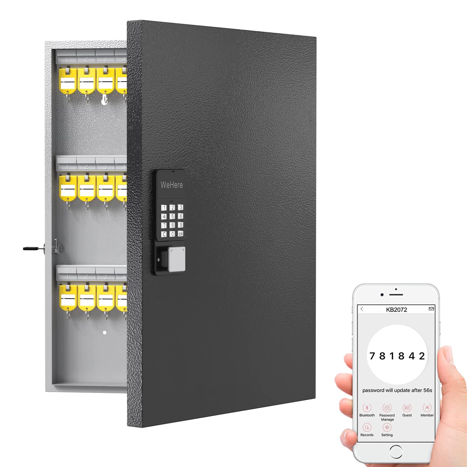 72 Key Cabinet Organizer,Metal Key Lock Box Wall Mount use OTP Technology Unlock,Fixed Password/Bluetooth Unlock, App Remotely Generates Pin Codes - WoodArtSupply