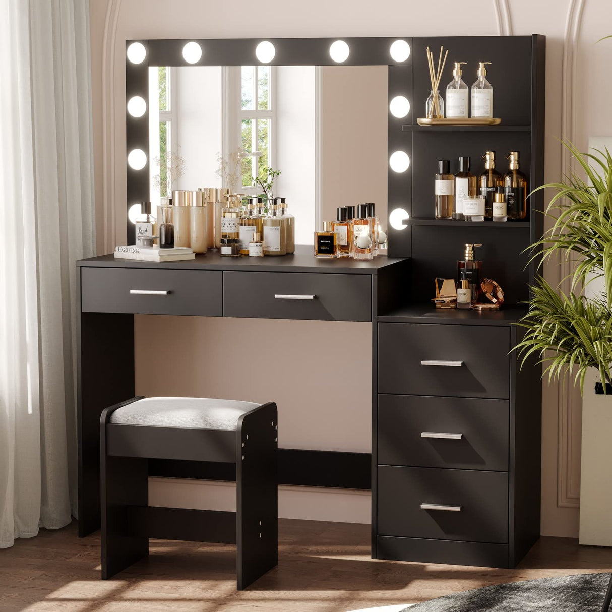 Rovaurx 46.7" Makeup Vanity Table with Lighted Mirror, Large Vanity Desk with Storage Shelf & 5 Drawers, Bedroom Dressing Table, 11 LED Lights, Black Rovaurx