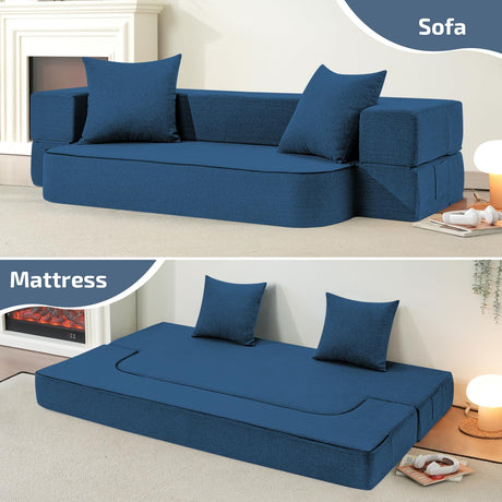 SUYOLS 2-in-1 Convertible Couch Bed with 2 Pillows - Folding Floor Couch & Sleeping Mattress - Washable Cover & Memory Foam Sleeper for Living Room/Guest Room/Home Office/Van Trip, Twin, Navy Blue SUYOLS