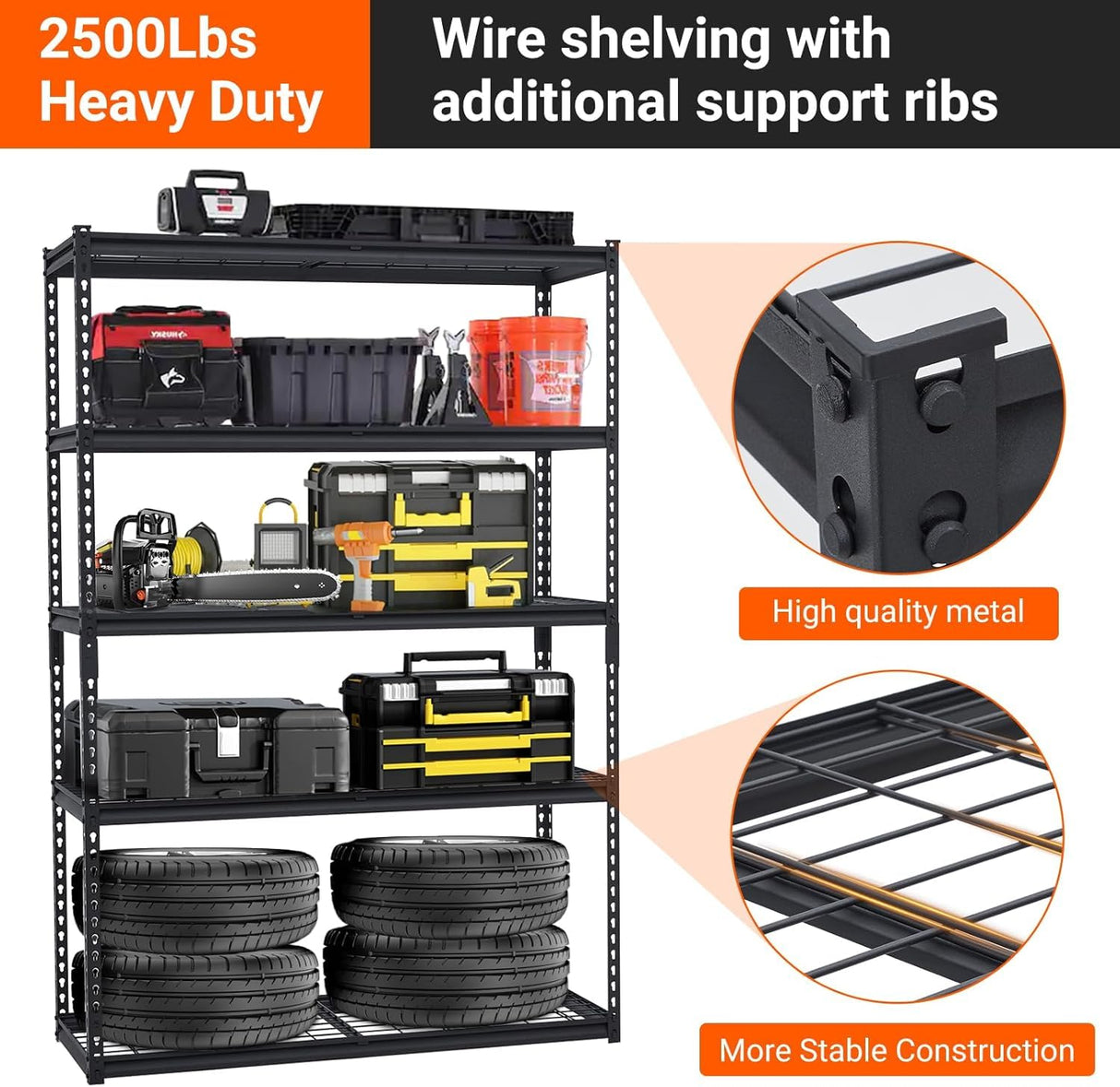 Tioutbot 48"x18"x72" Heavy Duty Garage Shelving, 5-Tier Adjustable Wire Shelf with 2500 lbs Capacity, Industrial Metal Storage Rack for Garage, Basement, Warehouse Tioutbot