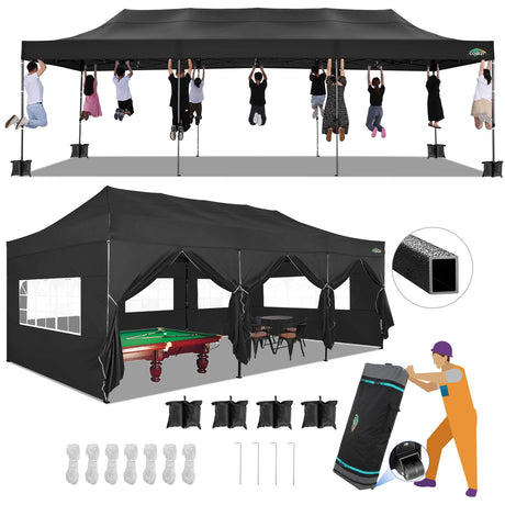 COBIZI 10x30 Pop up Canopy Tent 10x30 Canopy with Sidewalls, Heavy Duty Party Tent Tents for Parties, Foldable UPF 50+ Waterproof Commercial Easy up Canopy with Roller Bag, Black(Windproof Upgraded) COBIZI