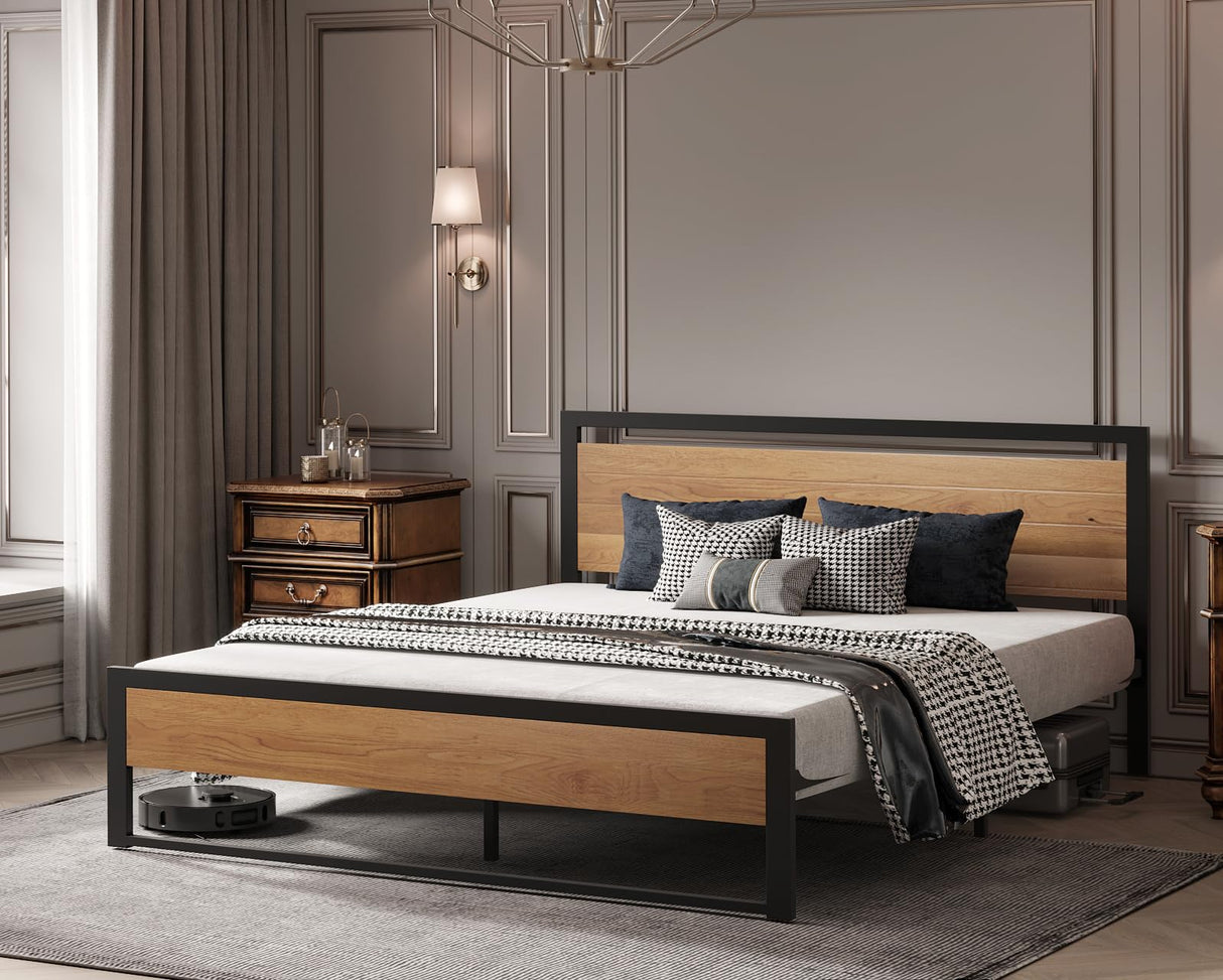 BONSOIR Queen Size Steel Platform Bed Frame with Wooden Headboard and Footboard BONSOIR