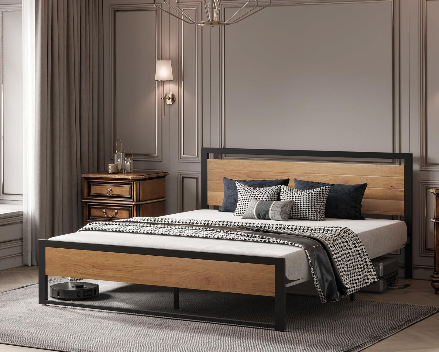 BONSOIR Queen Size Steel Platform Bed Frame with Wooden Headboard and Footboard - WoodArtSupply