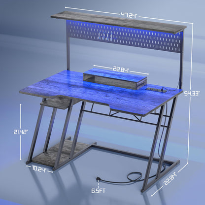 armocity Gaming Computer Desk with Storage Shelves & Z-Shaped Legs, Gaming Desk with Hutch and LED Lights, Reversible PC Gaming Desk with Pegboard for Bedroom & Small Spaces, 47'', Grey Oak