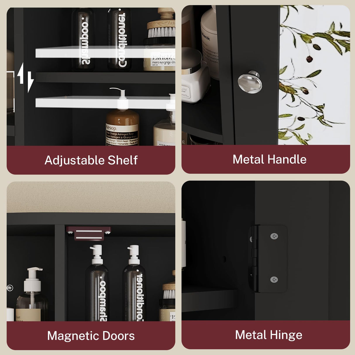 TEENFON Medicine Cabinet Mirror with Door & Adjustable Shelves, Bathroom Medicine Cabinet with Mirror, Medicine Cabinets for Bathroom, Black TEENFON