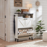 Barnyatoh Shoe Storage Cabinet,Farmhouse Shoe Organizer with 2 Flip Drawers & Barn Door Design,Freestanding Hidden Slim Narrow Shoe Rack Cabinet with Open Storage for Entryway, Foyer,Hallway,White Barnyatoh
