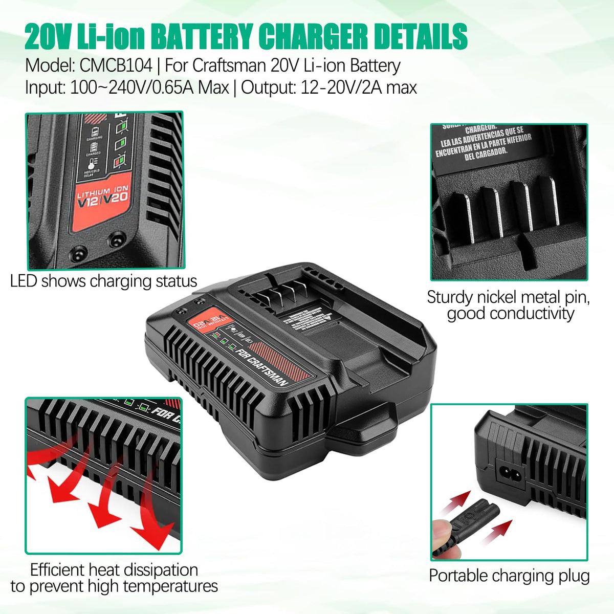 Upgraded 7000mAh V20 Battery and Charger Set Compatible for Craftsman 20V Battery Replacement CMCB204 CMCB205 CMCB202 CMCB202-2 CMCB201 CMCB206 CMCB209 CMCD700C with CMCB104 Charger Batryuic