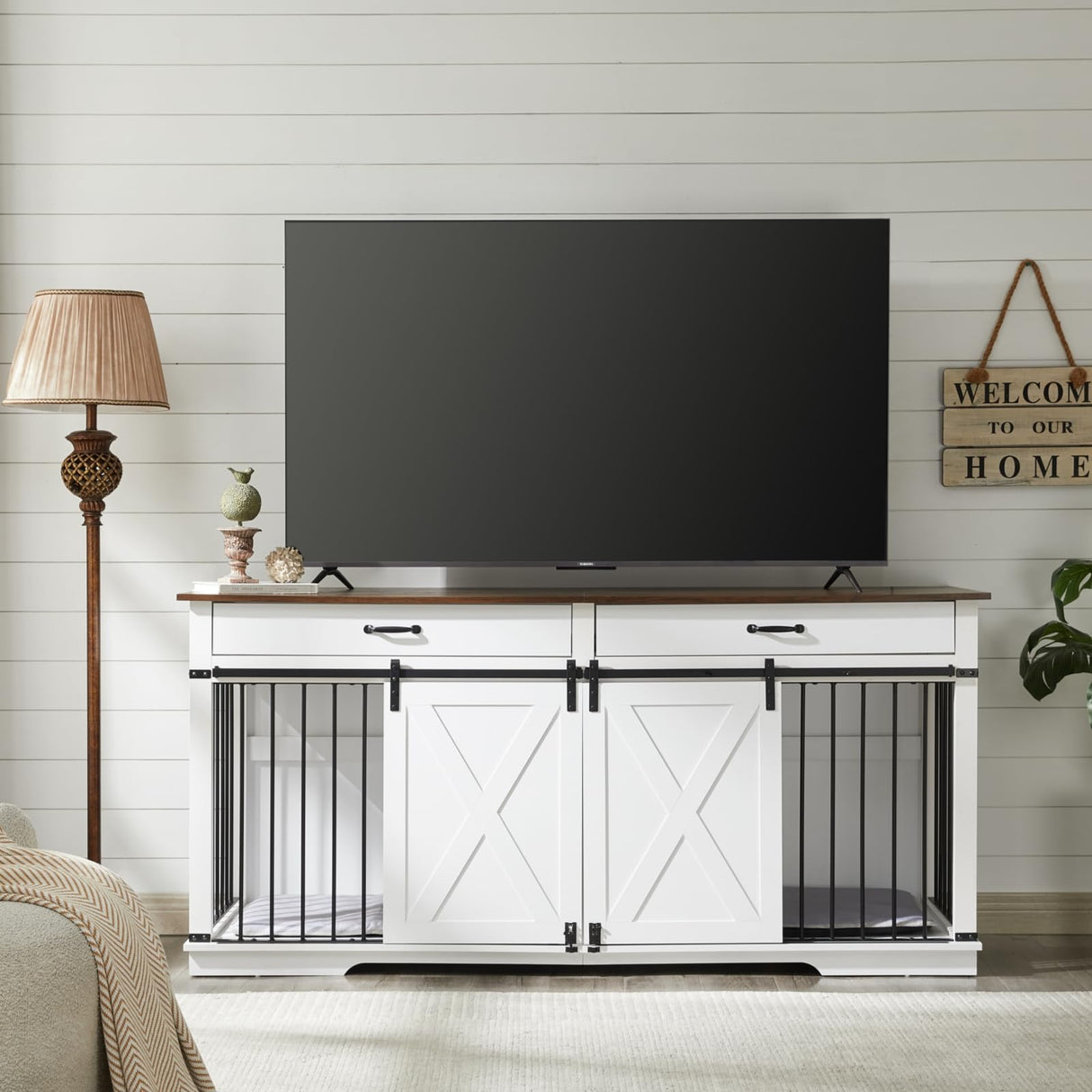 EDYO LIVING 72.5" Large Dog Crate Furniture for 2 Dogs, Wooden Dog Kennel with Drawers, Divider, Sliding Barn Door, Water Resistant Indoor Furniture Style Double Dog Crates, White EDYO LIVING