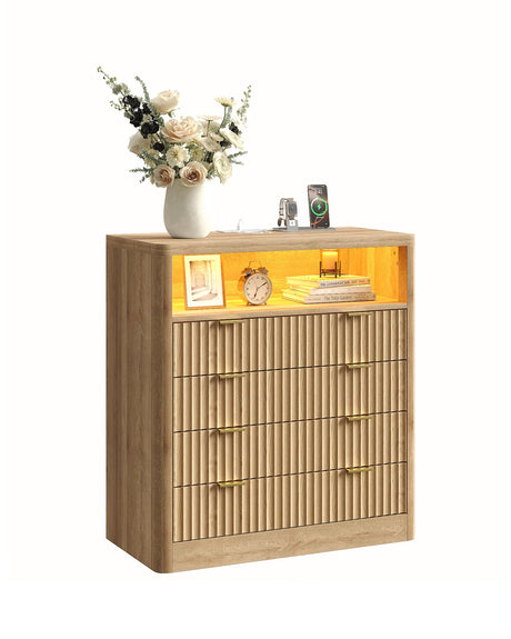 FUSOU Fluted Night Stand for Bedroom, Storage Organizer with 4 Drawers, Chest of Drawers with LED Light & Charging Station, Modern Farmhouse Dresser for Bedroom, Living Room, Hallway, Natural Oak FUSOU