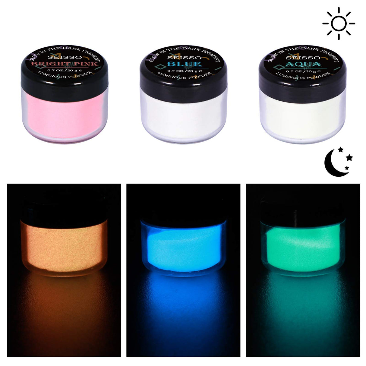 Glow in The Dark Powder Pigment with Flashlight, 120g Luminous Powder Dye Set, 20 g/0.7oz Each, Neutral and Fluorescent Colors for Various Activities, Evening Parties, Halloween, Nail Art, Crafts SEISSO
