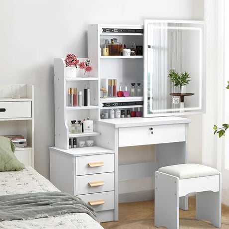 WIIS' IDEA Vanity Desk with Lights,Makeup Vanity with Mirror,Small Vanity with 4 Drawers&Storage Shelves,Vanity Desk with LED Lights,Extra Large Sliding Mirror,3 Lighting Modes,Brightness Adjustable WIIS' IDEA