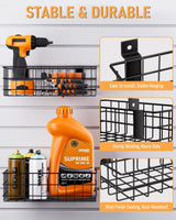 INCLY 4 Pack Black Slatwall Baskets Set, Ventilated Metal Hanging Storage Slat Wall Basket, Mounted Slatwall Accessories for Garage Rooms Shops Storage Organizing Display on Slatwall Panels INCLY