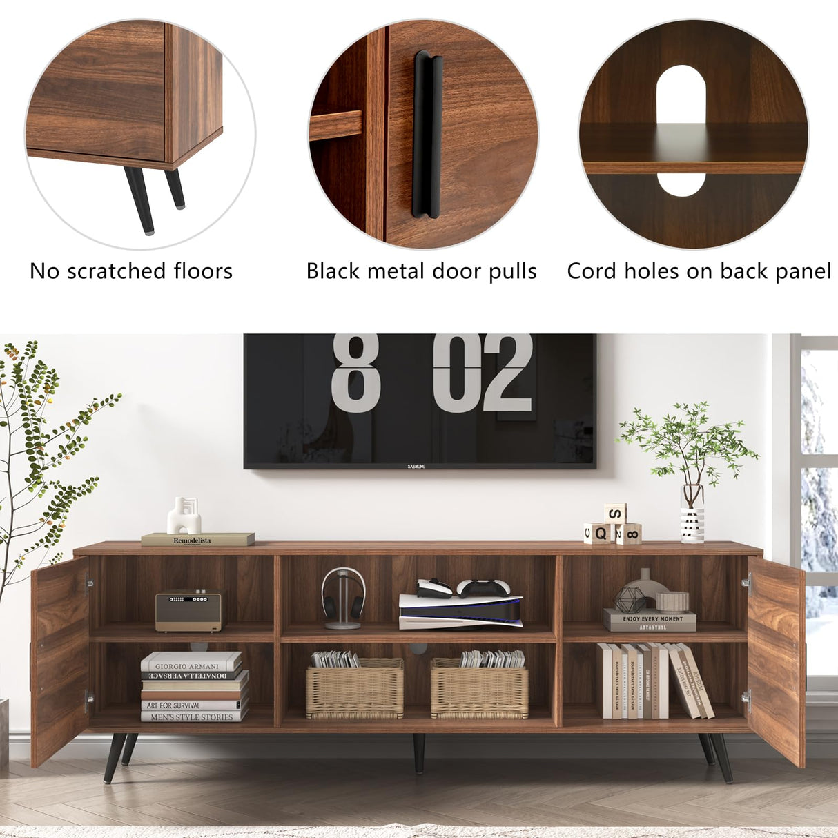 AUXSOUL 70 Inch Mid Century Modern TV Stand for 75 Inch TV, Wood TV Stand with Storage, Entertainment Center for Living Room Bedroom, TV Media Console, Walnut AUXSOUL