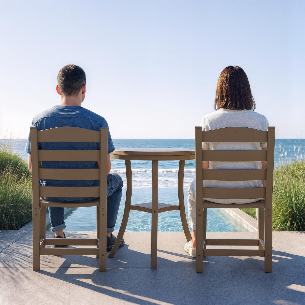 3 PCS Outdoor Patio Bistro Set, HDPE Round Dining Table with 1.77" Umbrella Hole and 2 Chairs, All-Weather Patio Coffee Table and Chairs Set for Balcony, Garden, Porch, Backyard, Commercial, Dark Oak Yatelonllvn