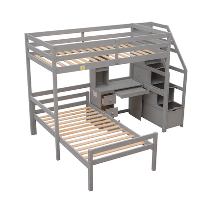 Harper & Bright Designs Twin Over Twin Bunk Bed with Stairs and Desk, Solid Wood Loft Bed with Storage Shelves and Drawers, Stairway Bunk Bed Frame for Kids Teens Adults (Gray)