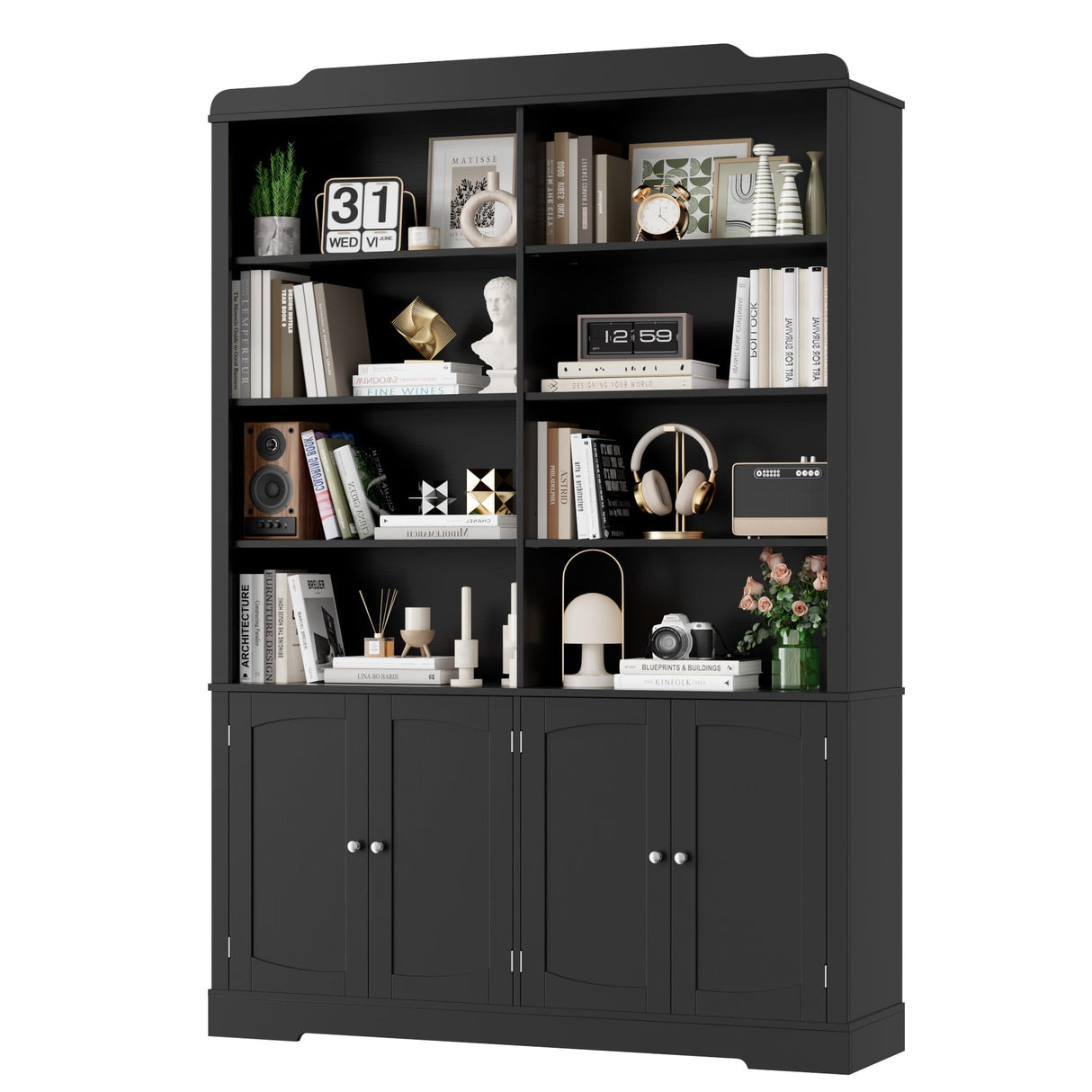 FACBOTALL 73.1" Bookcase with Doors,6 Tier Large Bookshelf with Storage,Adjustable Shelves & Curved Doors,11.9" Depth Bookcase and Bookshelf, Tall Storage Cabinet for Home Office, Living Room,Black FACBOTALL