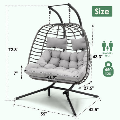 2 Person Hanging Egg Chair with Stand for Outdoor, Patio Hand Made Rattan Wicker Double Egg Swing Chairs Hammock Chair with UV Resistant Cushion and Metal Frame, Porch Swing Loveseat for Backyard